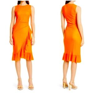 Fuzzi Ruffle Mesh Dress Sleeveless Orange Size Medium‎ Womens Midi Stretch NEW